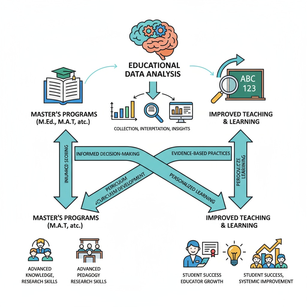 An illustration visually depicting the relationship between educational data analysis, master's programs, and how they contribute to improving teaching. Illustration of the connection between educational data analysis, master's programs, and teaching improvement