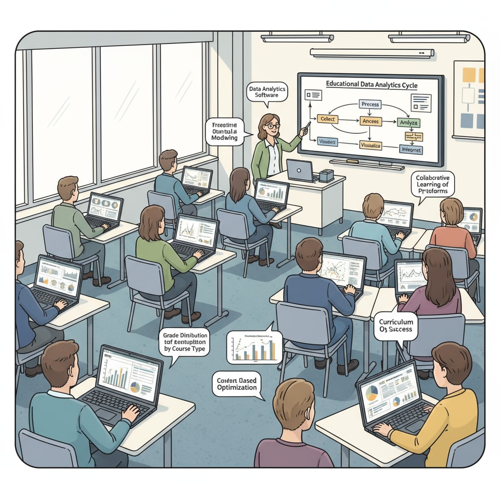A photograph showing a modern university classroom setting where students are using laptops to conduct data analysis related to education. Photo of students in a university classroom using laptops for educational data analysis