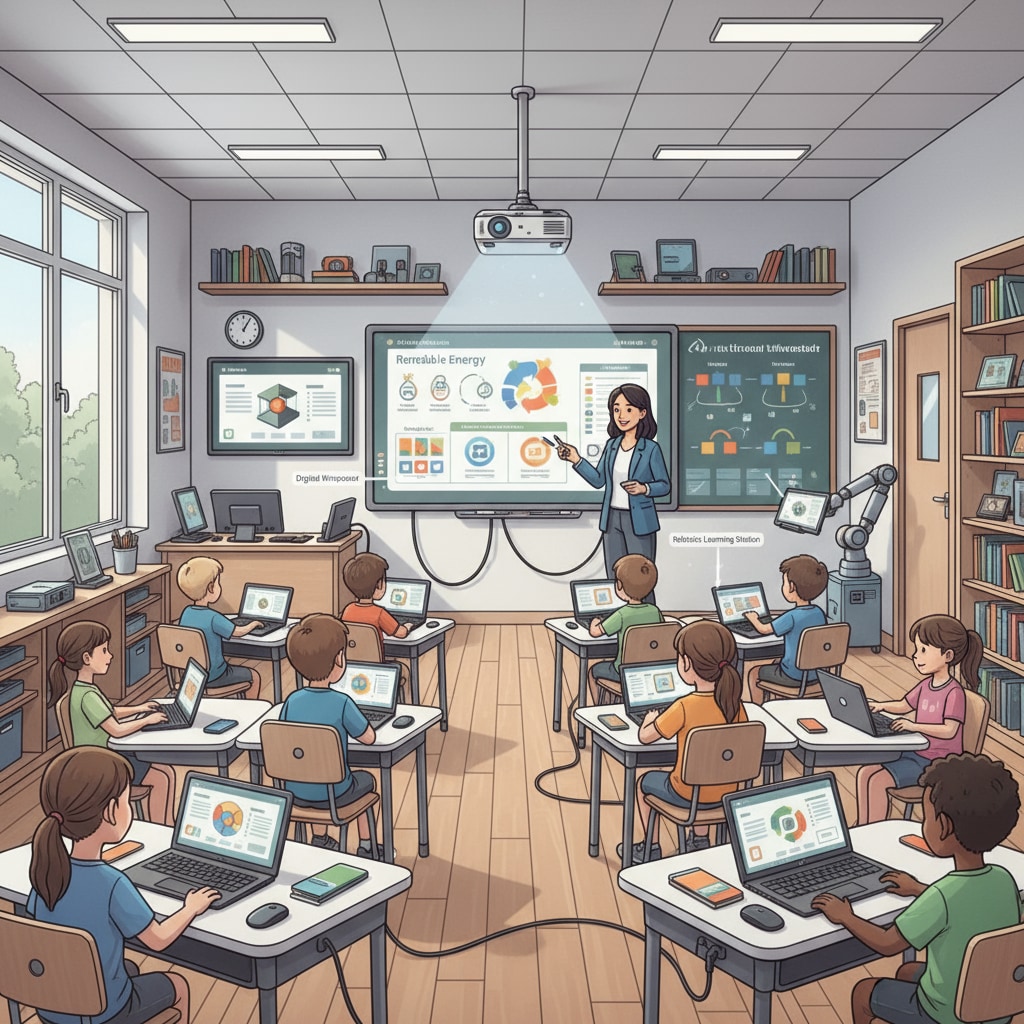 A classroom filled with modern digital teaching tools like laptops, projectors, and interactive whiteboards, representing the impact of technological advancements on education. Classroom with digital teaching tools showcasing educational transformation due to technological advancements and value conflicts