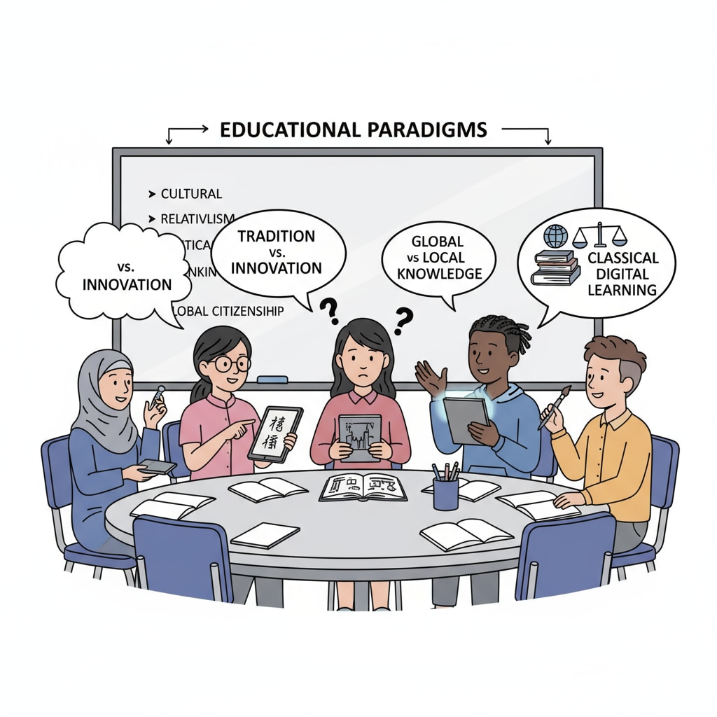 A group of students from different ethnic and cultural backgrounds engaged in a lively discussion in a classroom, highlighting the value conflicts in the educational landscape. Students from diverse backgrounds discussing, demonstrating value conflicts in K12 education within the context of technological advancements