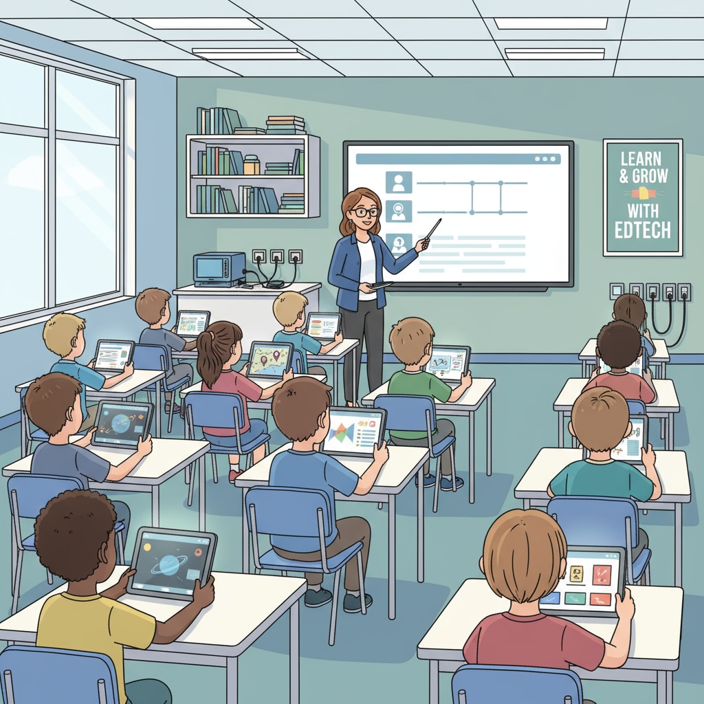 A classroom scene where students are using digital tablets, representing the common use of EdTech in educational settings. Classroom with students using EdTech devices for education innovation