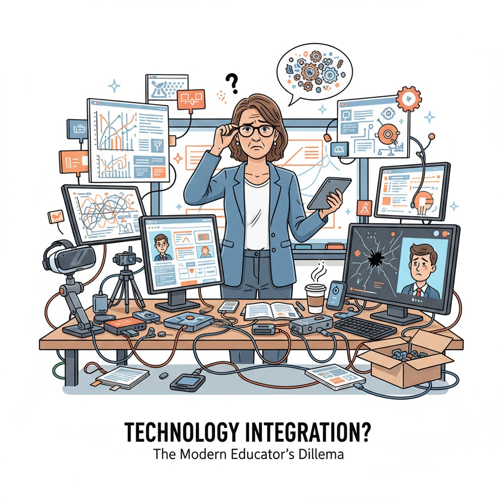A teacher standing in front of a complex EdTech setup, looking confused, indicating the challenges teachers face in applying technology. Teacher facing difficulties with EdTech application in education