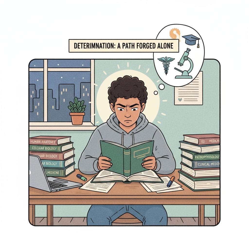 A young person is sitting at a desk, surrounded by medical books. They have a determined look on their face as they study, showing their commitment to their medical education despite lack of family support. A determined student studying medical books in the face of family disapproval of higher education in the healthcare profession