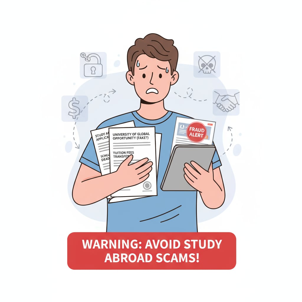 A person looking worried while holding documents related to study abroad applications, showing the stress caused by potential scams. A worried person with study abroad application documents due to admission application scams