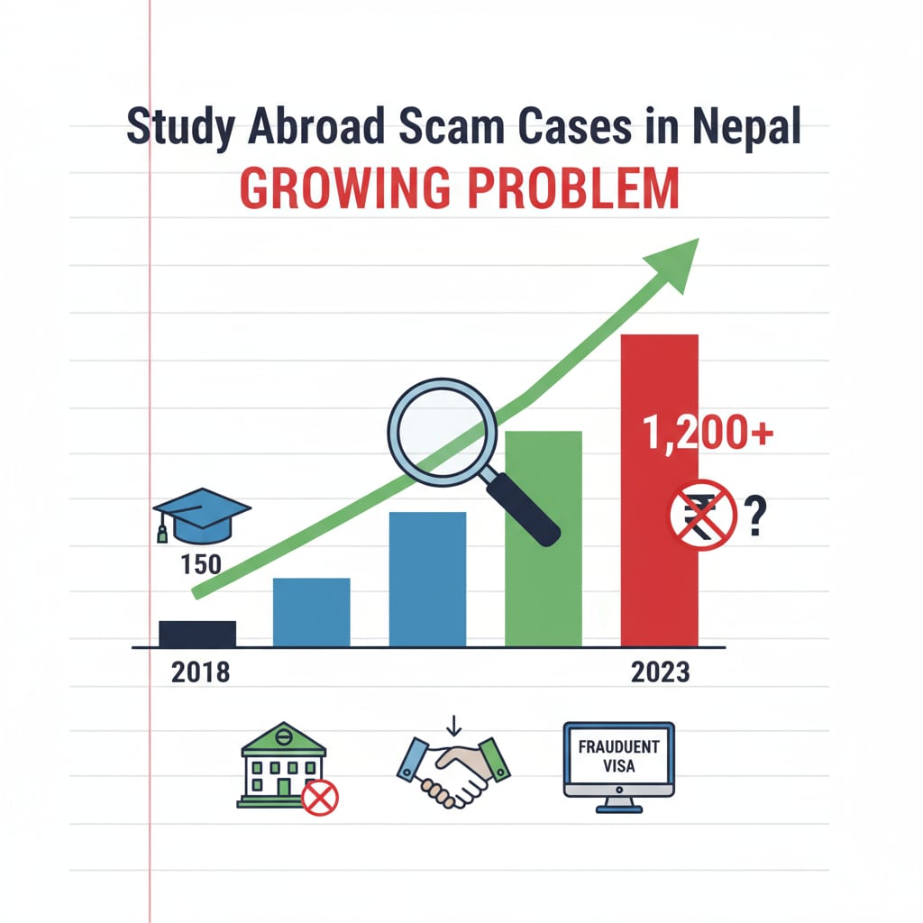A graph depicting the increasing number of study abroad scam cases in Nepal, highlighting the growing problem. Graph showing rising study abroad scam cases in Nepal related to admission applications