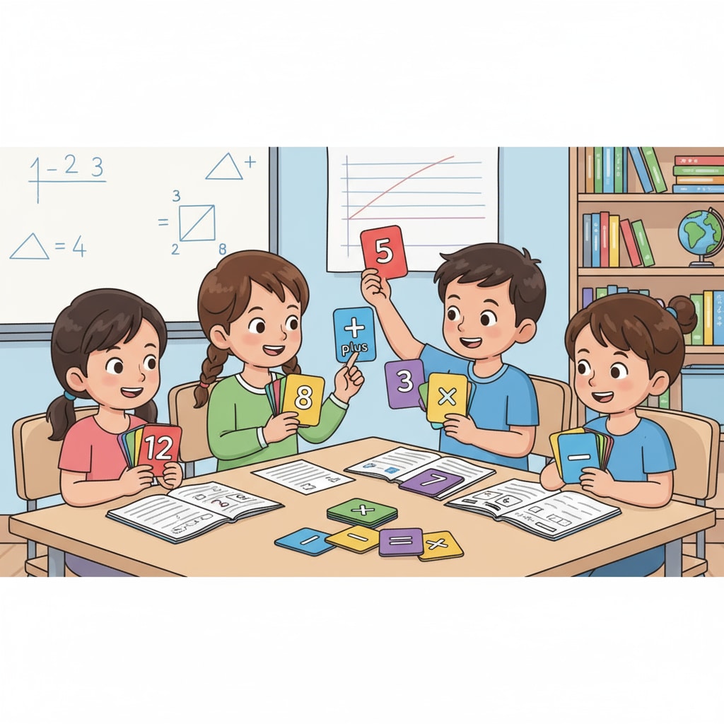 A group of students are sitting around a table, using colorful flashcards to learn basic math concepts like numbers and simple arithmetic operations. Students using flashcards and learning resources for basic knowledge acquisition