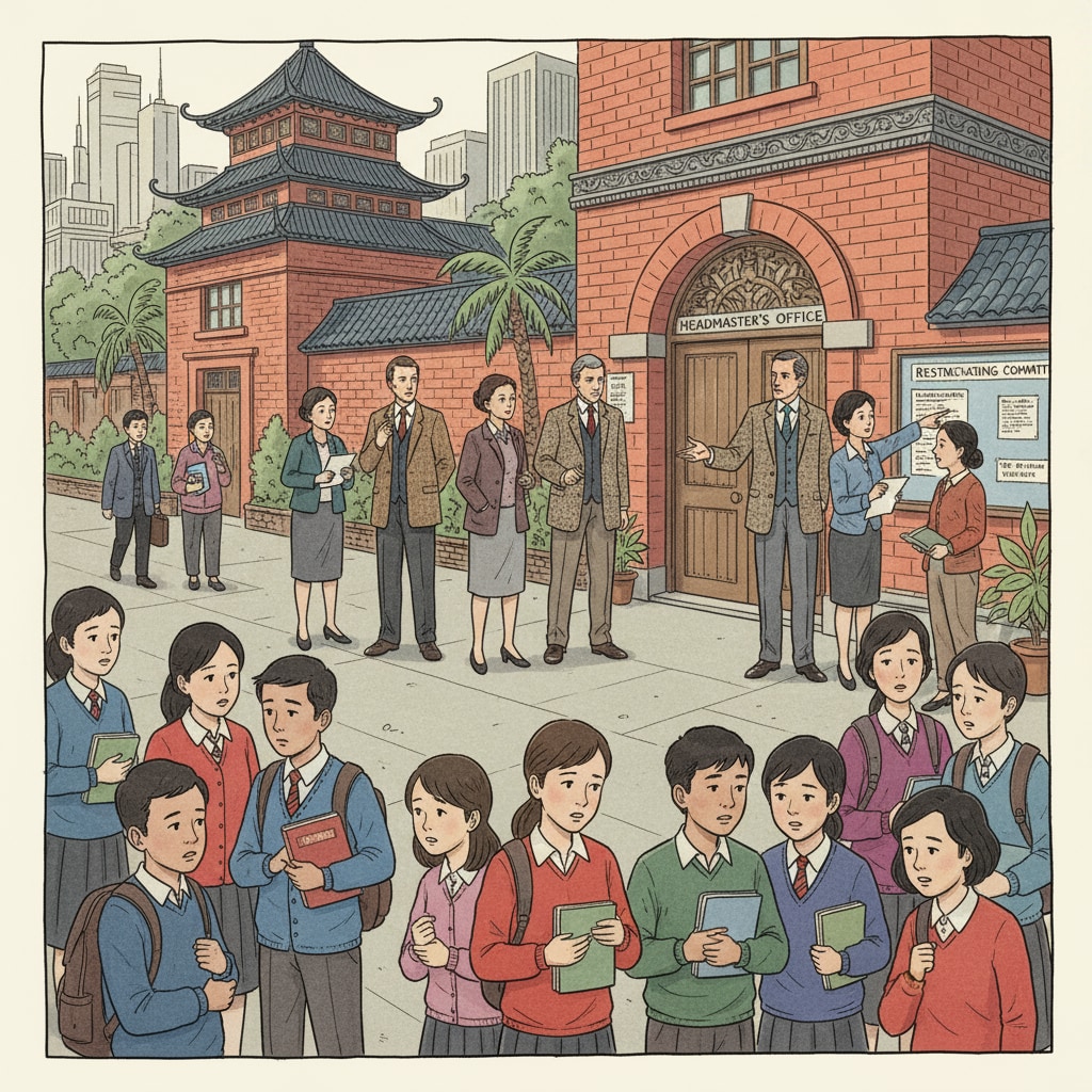 A scene of a British school in Asia with students and teachers, showing a somewhat tense atmosphere that might be related to management or discrimination issues. A view of a British school in Asia with possible signs of management and racial discrimination issues