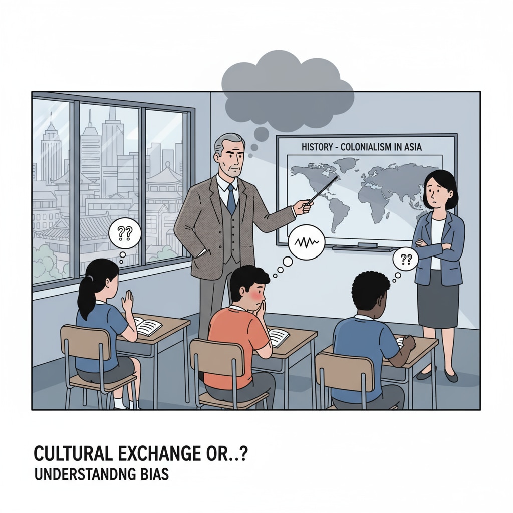 A classroom scene in a British school in Asia with students and teachers of different ethnic backgrounds, presenting an awkward atmosphere that could imply racial discrimination. Classroom scene in a British school in Asia indicating possible racial discrimination