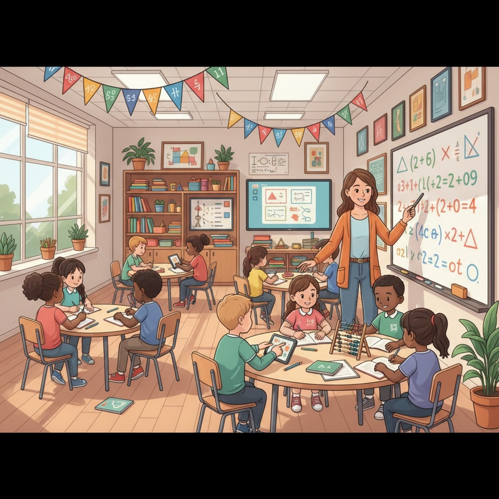 A group of students are actively engaged in solving math problems under the guidance of a teacher in a classroom setting, showing the dynamic learning environment. Mathematics teachers, career planning, and educational paths - Classroom learning scene