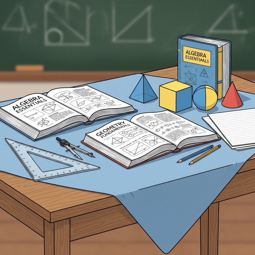 A table is neatly arranged with math textbooks, teaching aids like rulers and geometric models, symbolizing the tools of the trade for math teachers. Mathematics teachers, career planning, and educational paths - Math teaching resources