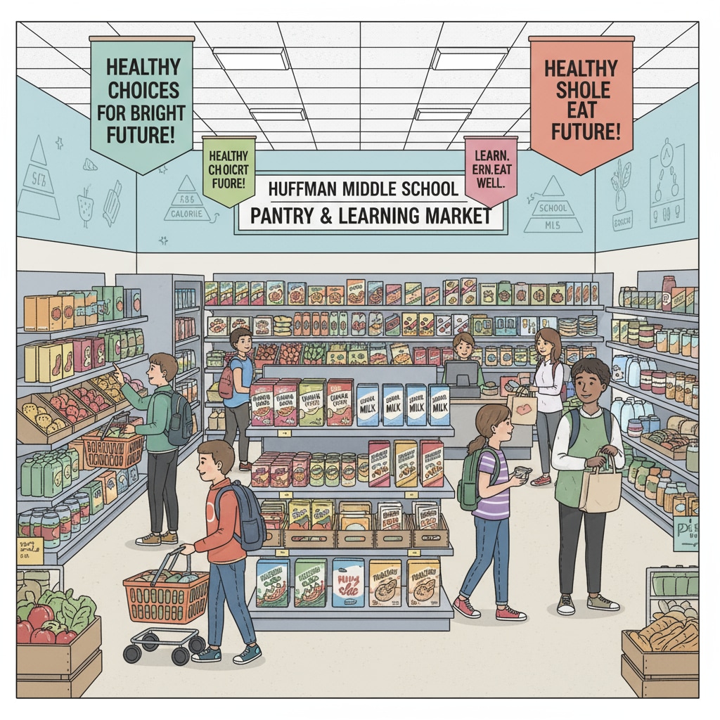 Students are seen shopping in the in - school grocery store at Huffman Middle School, looking at different products on the shelves. Students shopping in the in - school grocery store at Huffman Middle School in Birmingham, Alabama