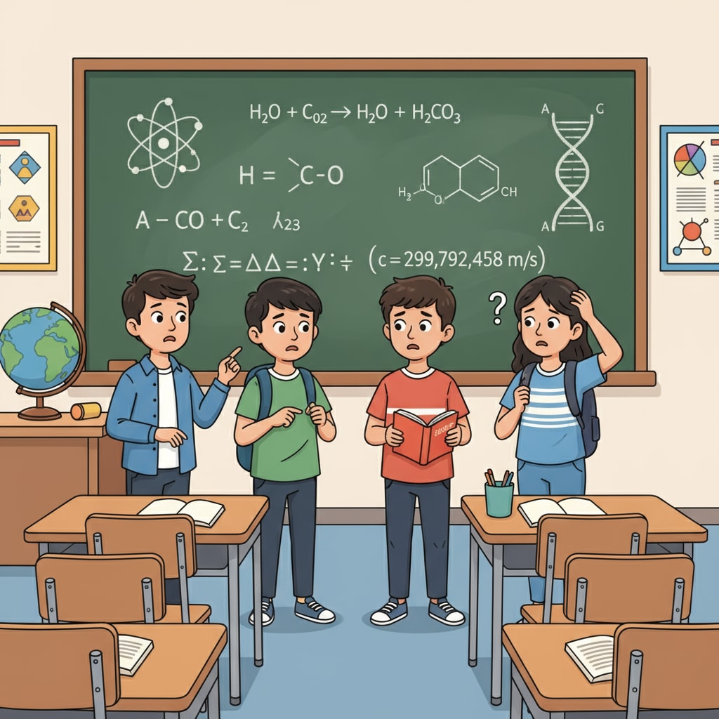 A classroom scene where non-English native K12 students are looking puzzled at scientific symbols on the blackboard Non-English native K12 students confused by scientific symbols on the blackboard