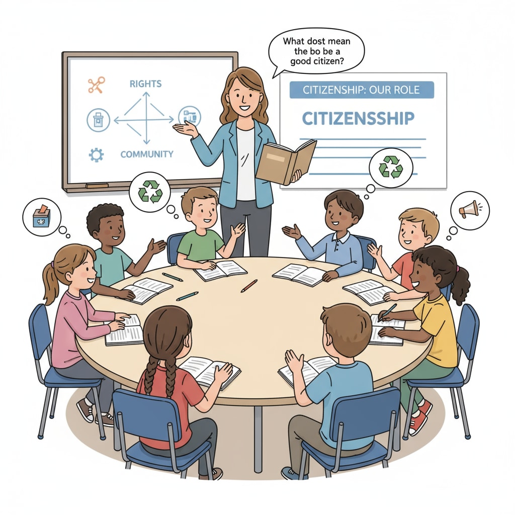 Students in a K12 classroom are having an animated discussion about their roles and responsibilities as citizens, with the teacher guiding the conversation. K12 students discussing civic responsibilities in a classroom setting related to college student voting and civic engagement
