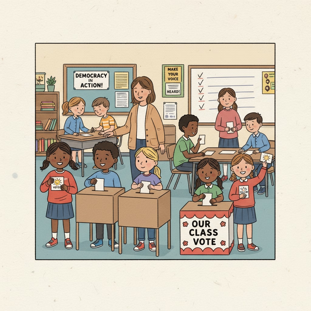 A group of enthusiastic K12 students are actively participating in a simulated election, with some casting their votes and others observing the process. K12 students participating in a simulated election to learn about the voting process relevant to college student voting and civic engagement