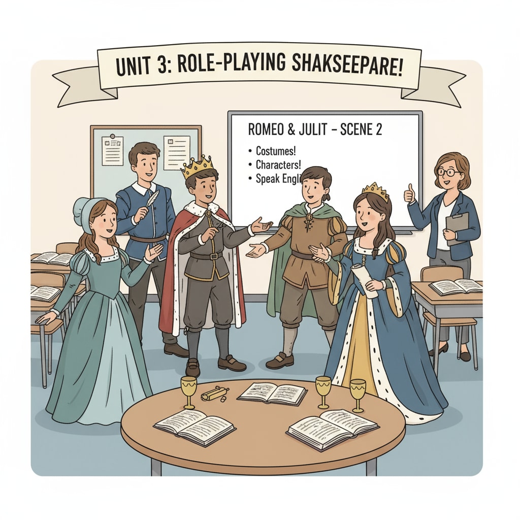 A group of students actively participating in an English role-playing game in the classroom. They are dressed as characters from a classic English play and are engaged in a lively conversation. Students participating in an English role-playing game, related to classroom activities in English teaching and creating memories