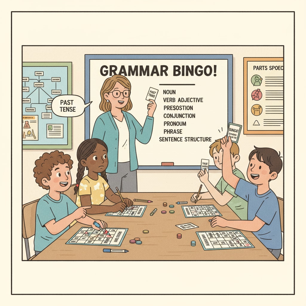 Students playing grammar bingo in an English classroom. They are looking at their bingo cards, marking off grammar terms as they are called out. Students playing grammar bingo in an English class, highlighting classroom activities in English teaching and associated memories