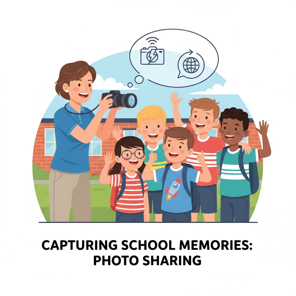A school staff member is taking pictures of a group of students who are smiling and interacting. This represents the common practice of schools taking and potentially sharing students' photos. Students having their photos taken for potential online sharing, related to student privacy, facial recognition, and digital footprint