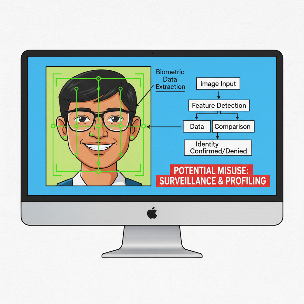 A computer screen shows a facial recognition software highlighting facial features of a student's photo for analysis. This depicts the potential misuse of student photos through facial recognition technology. Facial recognition software analyzing a student's photo, associated with student privacy, facial recognition, and digital footprint