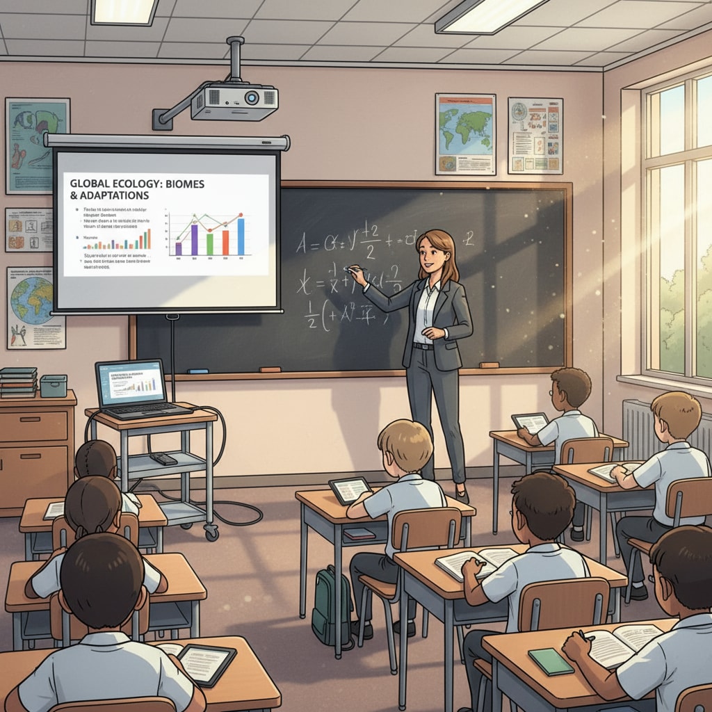 A classroom with a teacher writing on a blackboard while a projector shows digital content, representing the coexistence of traditional and modern teaching tools. A classroom scene showcasing traditional and modern teaching technologies in use