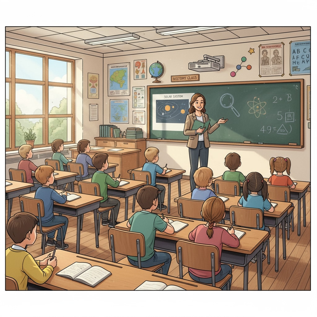Students sitting at desks, focused on the teacher who is delivering a lecture, highlighting the traditional teaching method of face-to-face instruction. Students engaged in a traditional classroom lecture