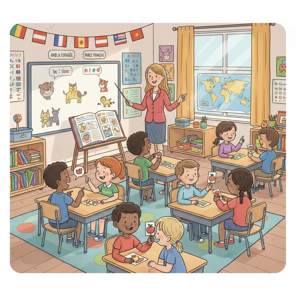 Children in a primary school classroom actively participating in a second language learning activity Second language learning activity in a lower primary classroom