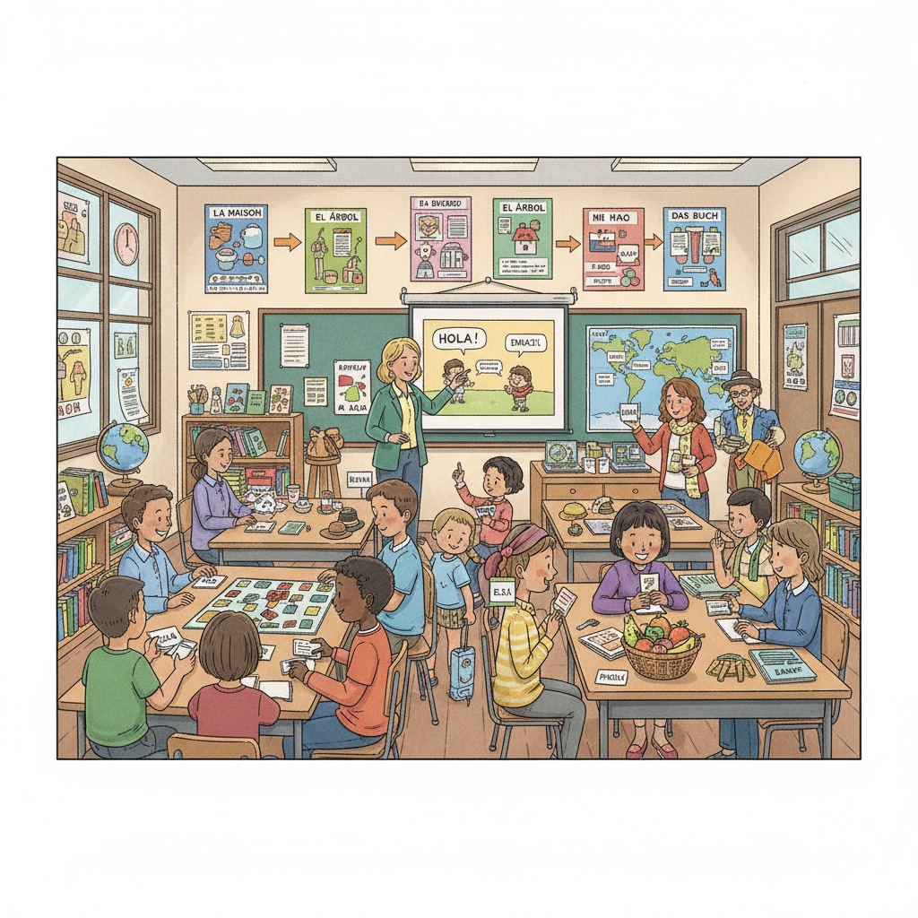 A classroom set up for immersive second language learning with posters and props Immersive second language learning classroom setup