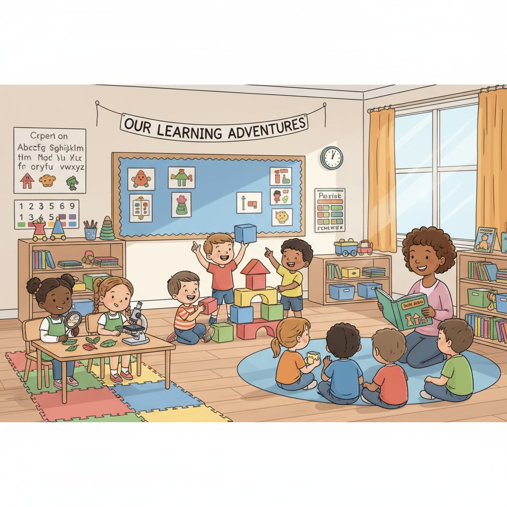A group of kindergarten children are actively participating in various learning activities in a colorful classroom, which vividly represents the vibrant early childhood education environment. Kindergarten children in an early childhood education setting related to gifted programs and educational equity