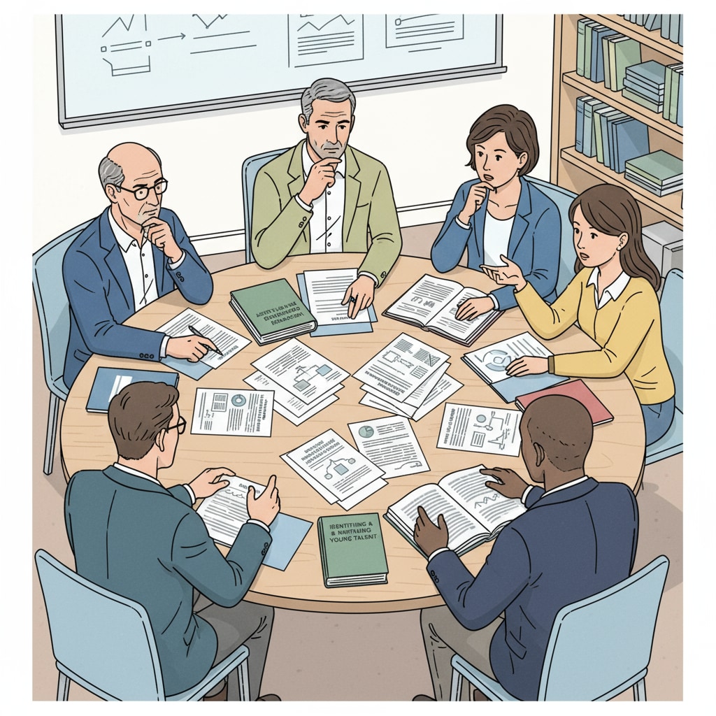 A group of educators with serious expressions are engaged in a deep discussion around a table, with documents about early childhood education, especially the gifted program issue, scattered on the table. Educators discussing the future of early childhood education, including gifted programs and educational equity