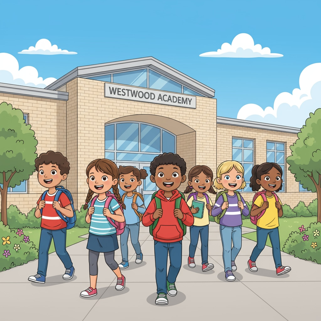 A group of K12 students smiling while walking into a new school building, showing a positive start to a new school experience. K12 students adapting to a new school during an education transition