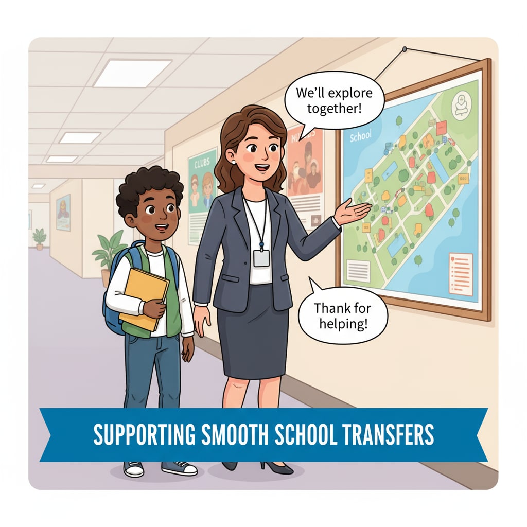 A teacher guiding a new student around the school, demonstrating how teachers can support students during school transfers. Teacher assisting a new student in adapting to a new school environment