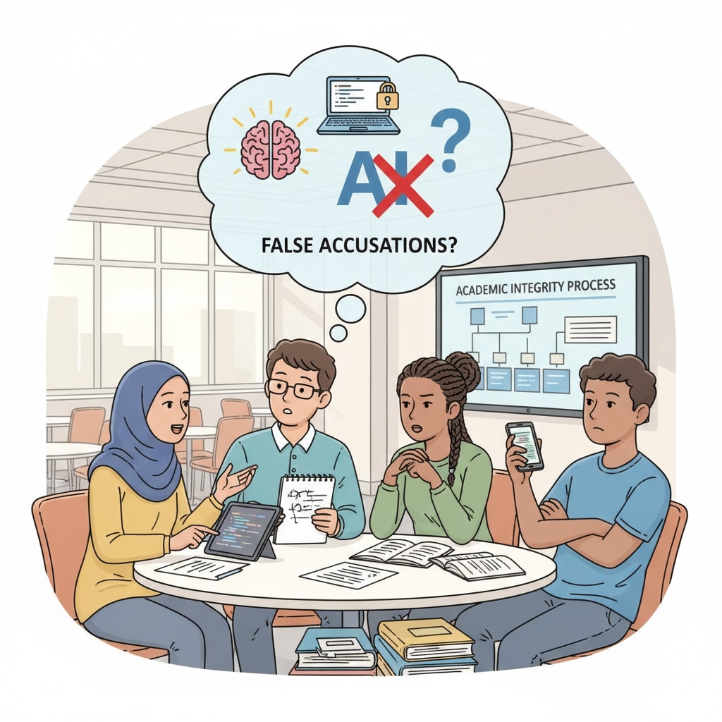 A group of students is engaged in a discussion about the potential false accusations of AI use within a university environment. Students discussing AI use and false accusations in a university setting