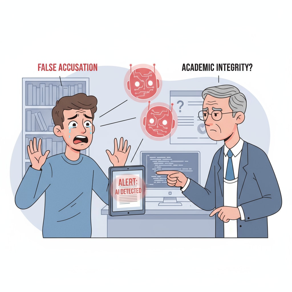 A student appears visibly distressed after being wrongly accused of using AI in their academic work. A student looking distressed after being wrongly accused of AI use