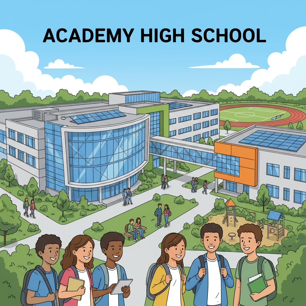 An example of an AI-generated image that could be used on a high school website, showing a modern and vibrant school building. AI-generated image for high school website related to educational ethics