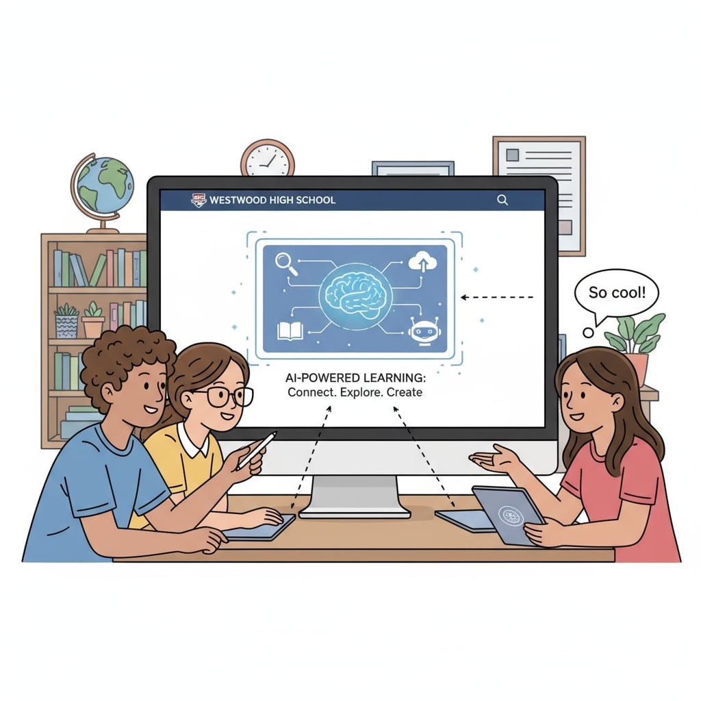 Students looking at a high school website with an AI-generated image on the screen, highlighting the interaction between students and the digital content. Students viewing high school website with AI-generated image in the context of educational ethics