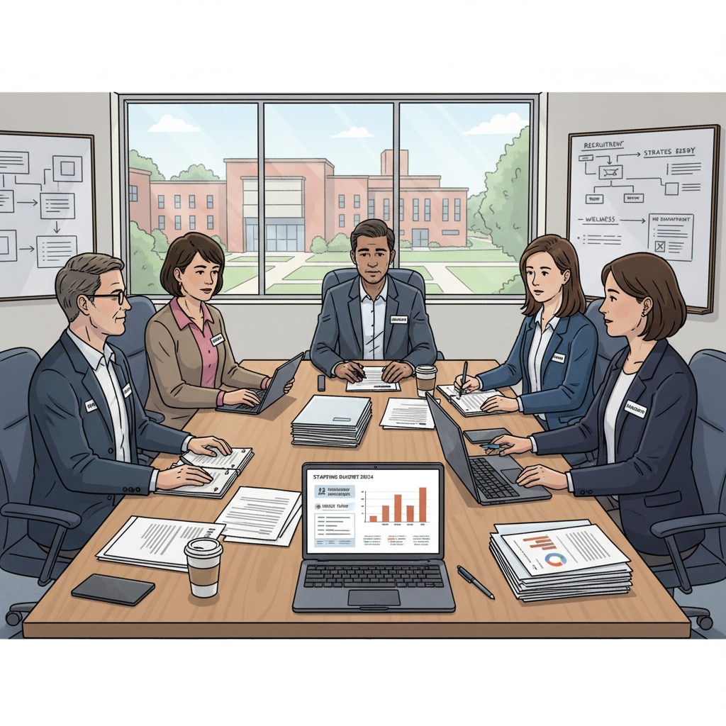 A group of educators and HR staff are engaged in a discussion in a school's meeting room, with papers and laptops on the table, indicating a serious conversation about HR matters in the school district. A group of educators and HR staff discussing in a school setting related to school district HR job nature and responsibilities during career transition