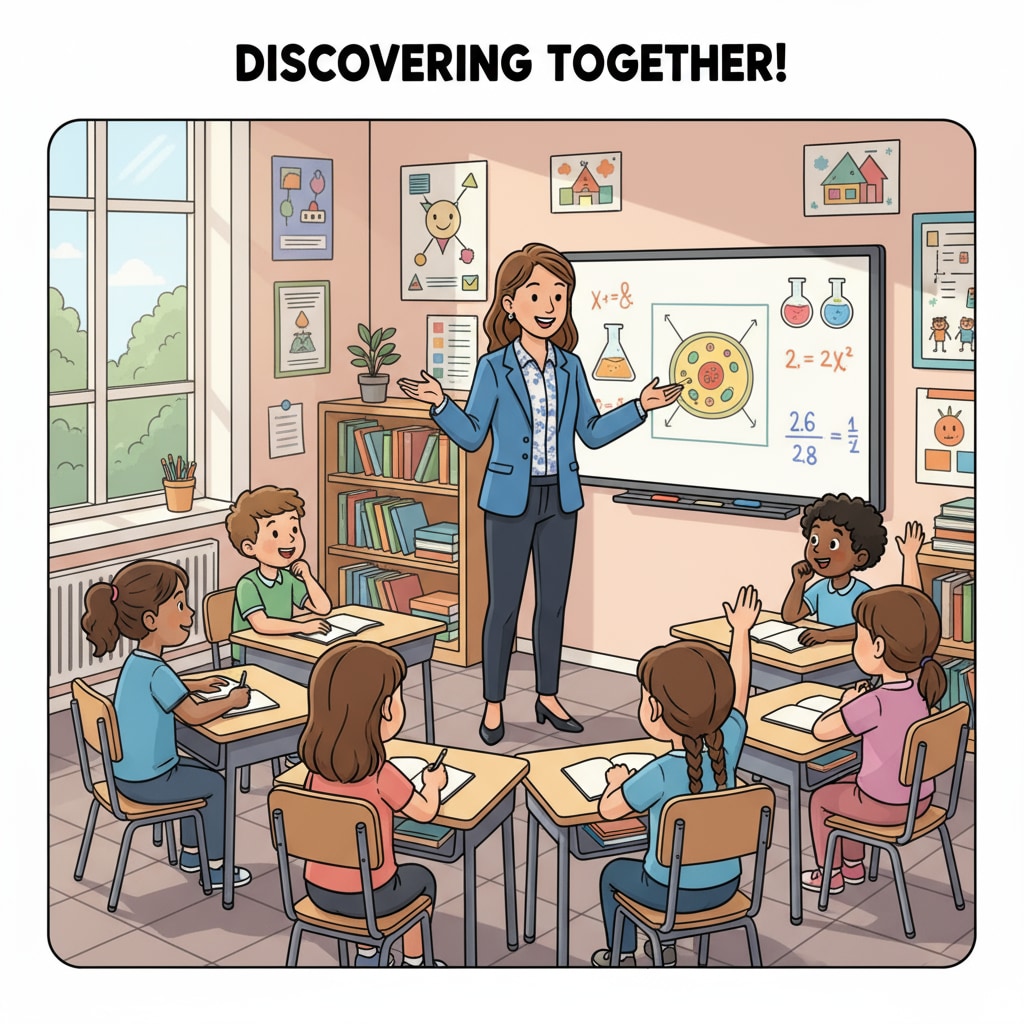 A teacher is actively interacting with students in a classroom. The teacher is smiling and gesturing, while students are attentively listening and participating, showing a positive learning environment managed by school district HR. A teacher and students interacting in a classroom, highlighting the role of school district HR in creating a positive learning environment during career transition