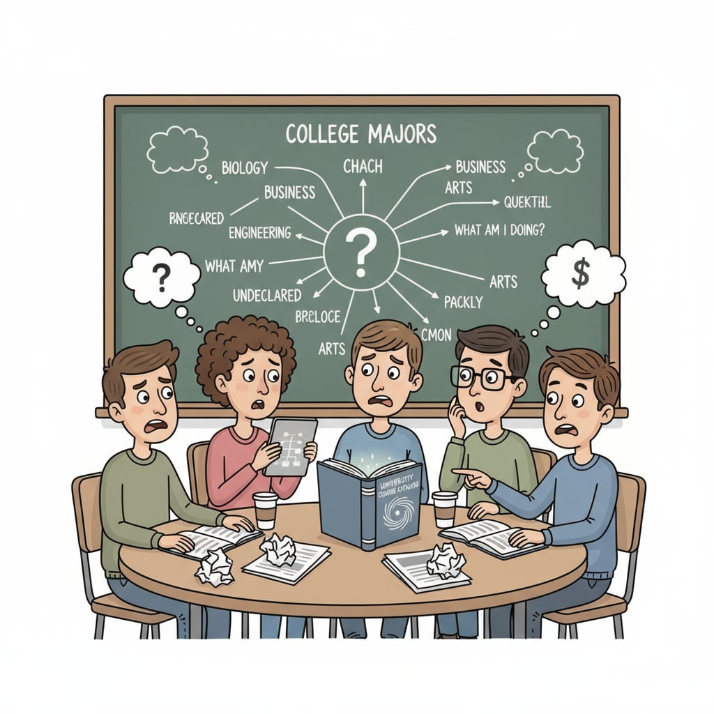 A group of students sitting in a classroom, looking confused while discussing college majors Students facing the dilemma of university major selection with a lack of enthusiasm and considering social experiences