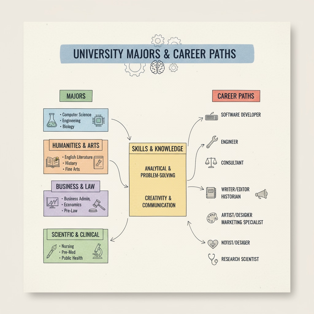 An infographic showing the connection between university majors and future career paths Infographic depicting the link between university major selection and future development, relevant to lack of enthusiasm and social experiences
