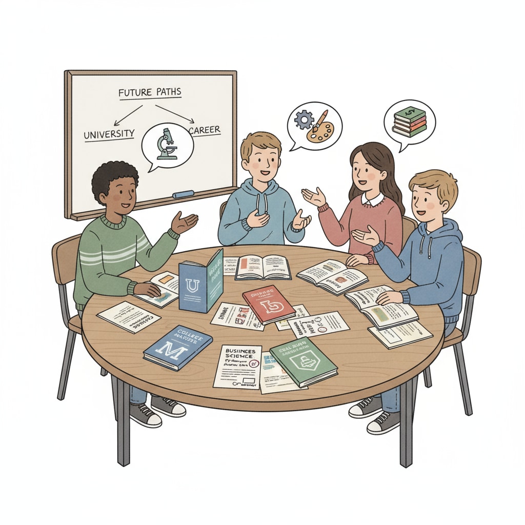 A group of K12 students are sitting around a table, having an animated discussion about which university majors they should choose. There are papers and brochures about different majors spread out on the table. K12 students discussing university major choices related to interest confusions and career directions