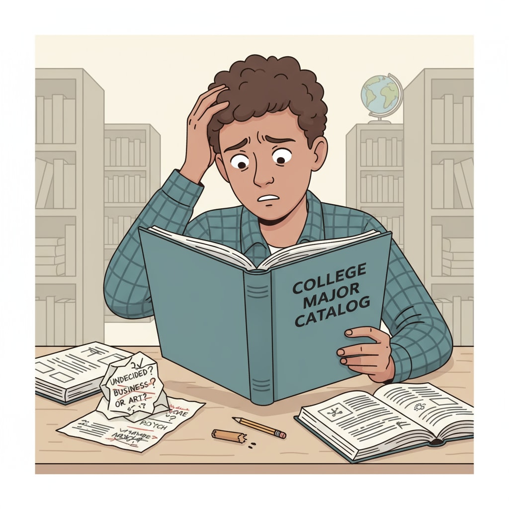 A student is sitting at a desk, looking perplexed as they flip through a college major course catalog. There are notes scribbled on a piece of paper beside them. A confused student reading a college major course catalog in relation to university major selection and career direction