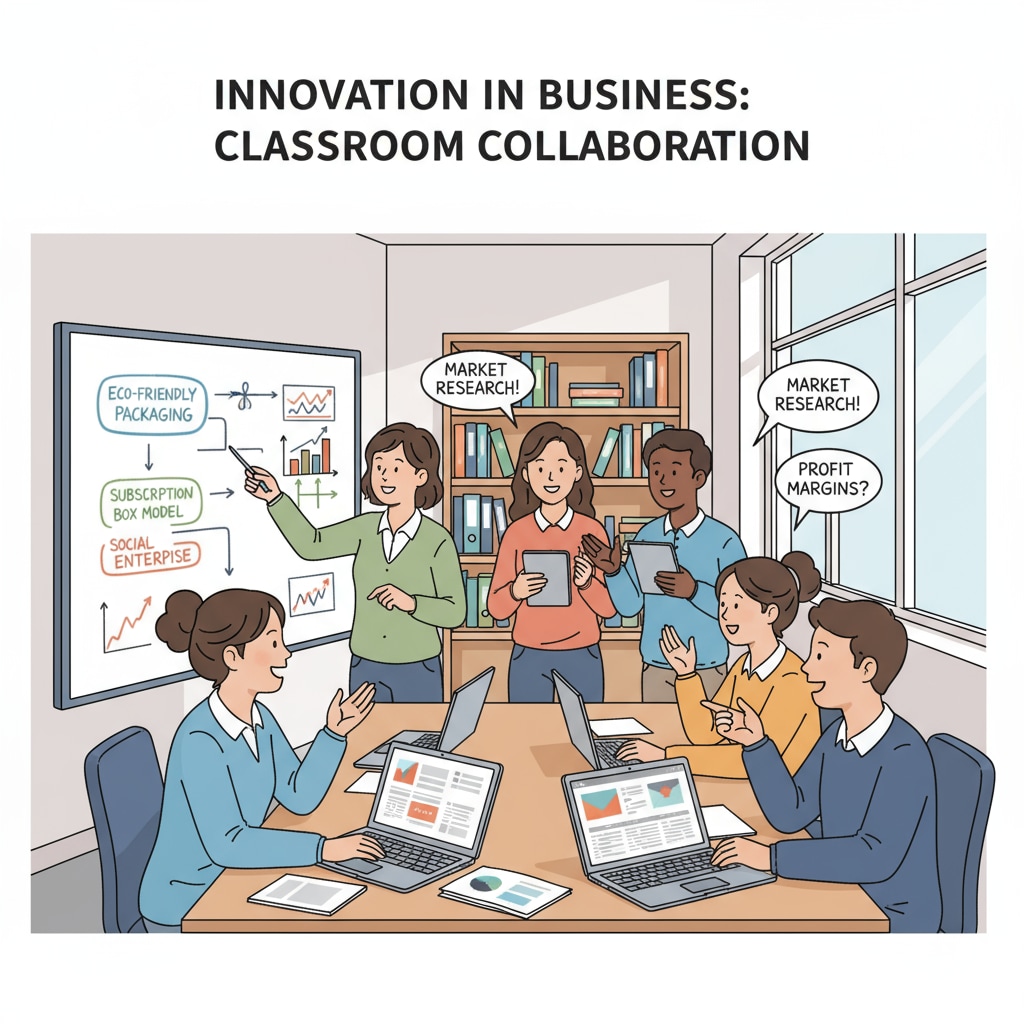 A group of students are engaged in a lively discussion about business ideas in a college classroom setting, with whiteboards and laptops in sight, indicating an academic and collaborative environment. Business students discussing ideas in a college classroom, related to business courses, higher education, and career planning