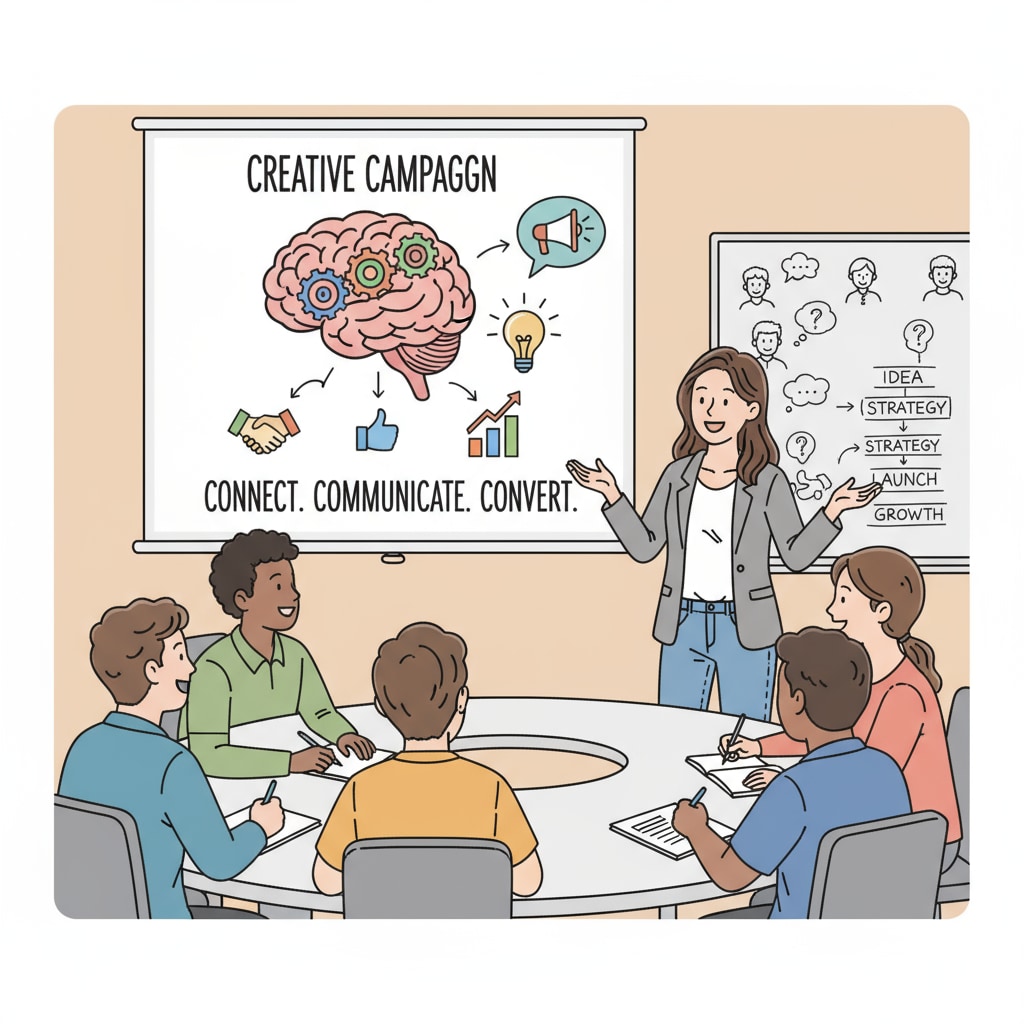 A marketing student is passionately presenting a campaign idea to a group of peers, with visual aids and enthusiasm, highlighting the creativity and communication aspects of marketing. Marketing student presenting a campaign idea, associated with business courses, higher education, and career planning