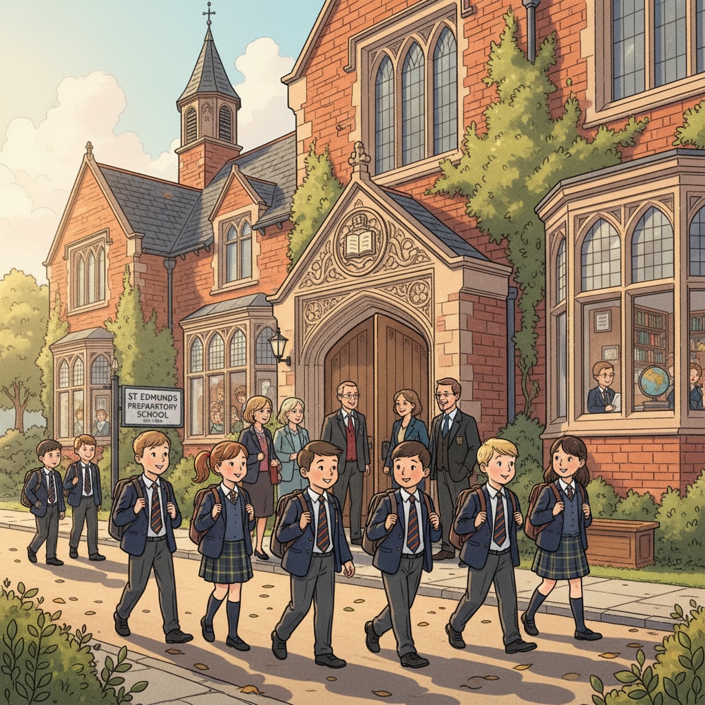 A group of students in uniforms walking into a beautiful private primary school in the UK, showing the vibrant atmosphere of a private educational institution. Students entering a UK private primary school related to bursary application in UK education.