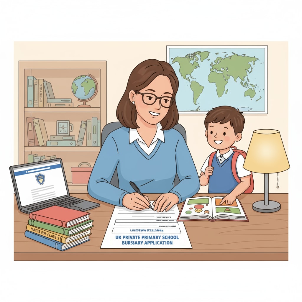 A parent sitting at a desk, filling out a bursary application form, depicting the crucial step of applying for bursaries in UK private primary schools. Parent filling out bursary application form for UK private primary school in the context of UK education.