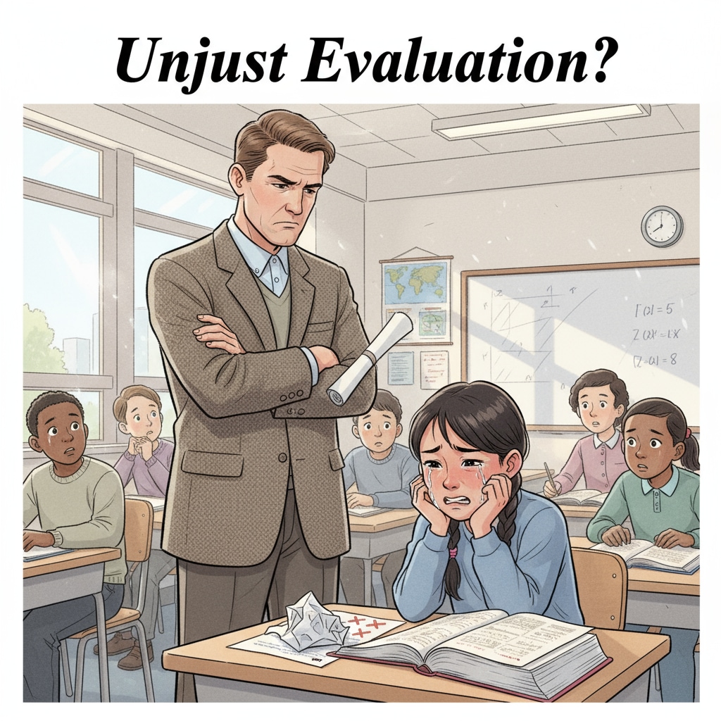 A classroom scene where a teacher is looking sternly at a student who seems distressed, indicating potential unfair judgment A classroom scenario showing possible teacher bias and student distress related to unfair labeling
