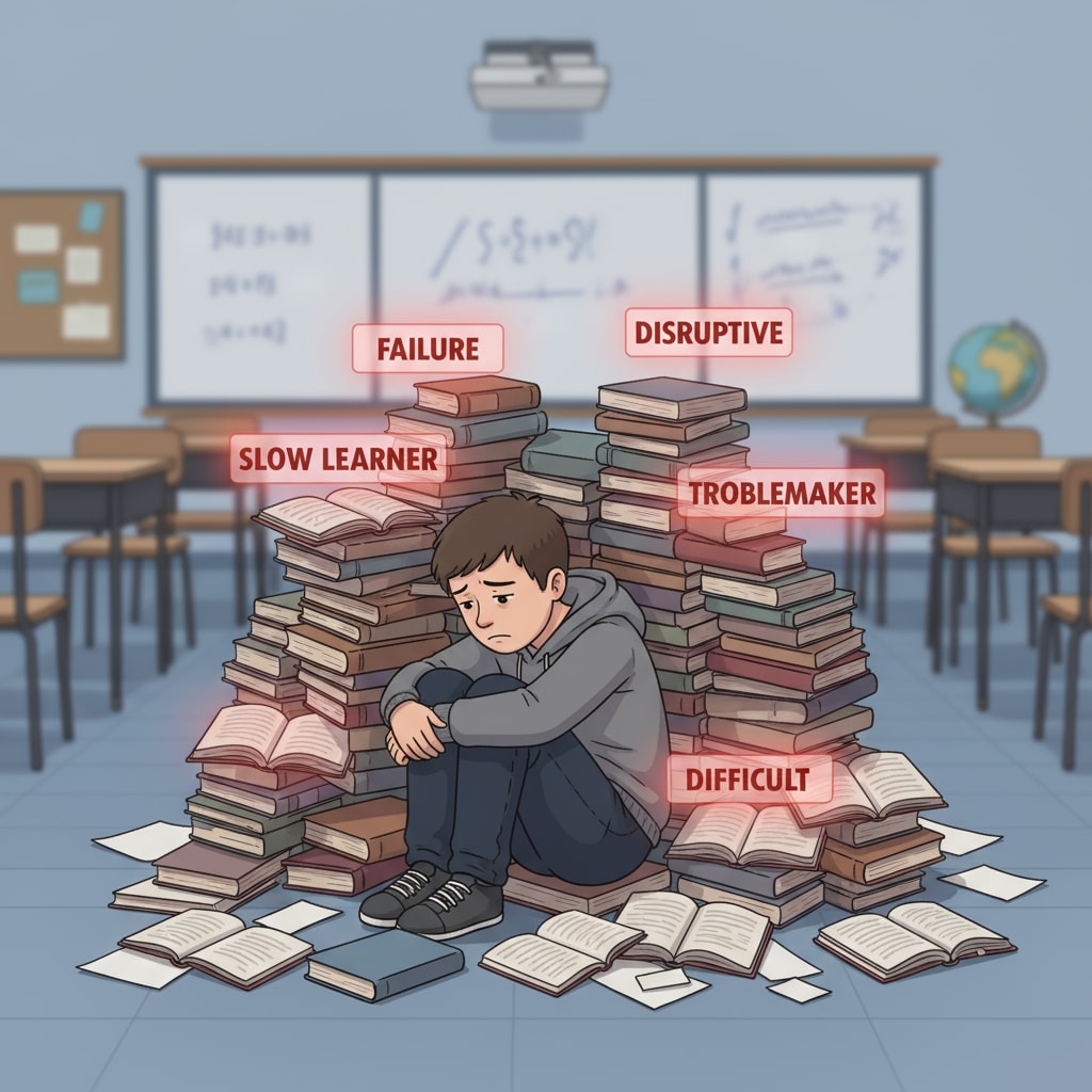 A sad-looking student sitting alone in a corner of the classroom, surrounded by books, symbolizing the isolation caused by unfair labels A solitary student in a classroom corner, representing the isolation due to unfair student labeling