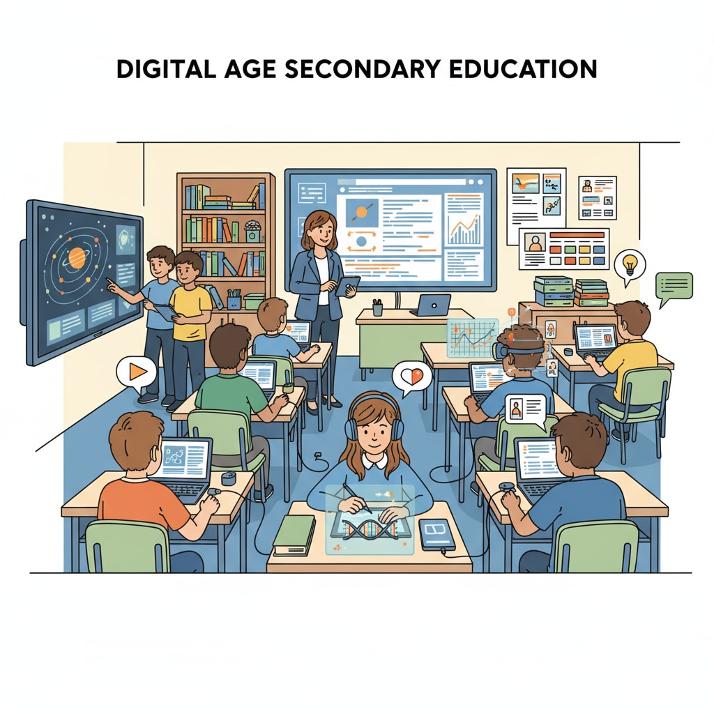 A classroom scene with students using digital devices to learn, representing the integration of digital age teaching in secondary education A classroom in the post-pandemic era with students engaged in digital age learning