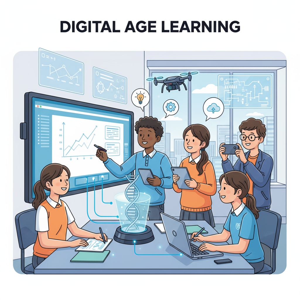 A group of secondary school students collaborating on a project using digital devices, showing the application of digital age teaching Secondary school students collaborating in the digital age for post-pandemic education