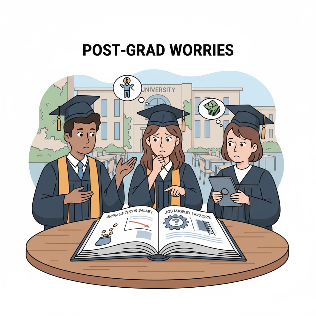 A group of university graduates looking concerned about their job prospects and pay in the tutoring industry. University graduates expressing concerns about low pay in tutoring companies.