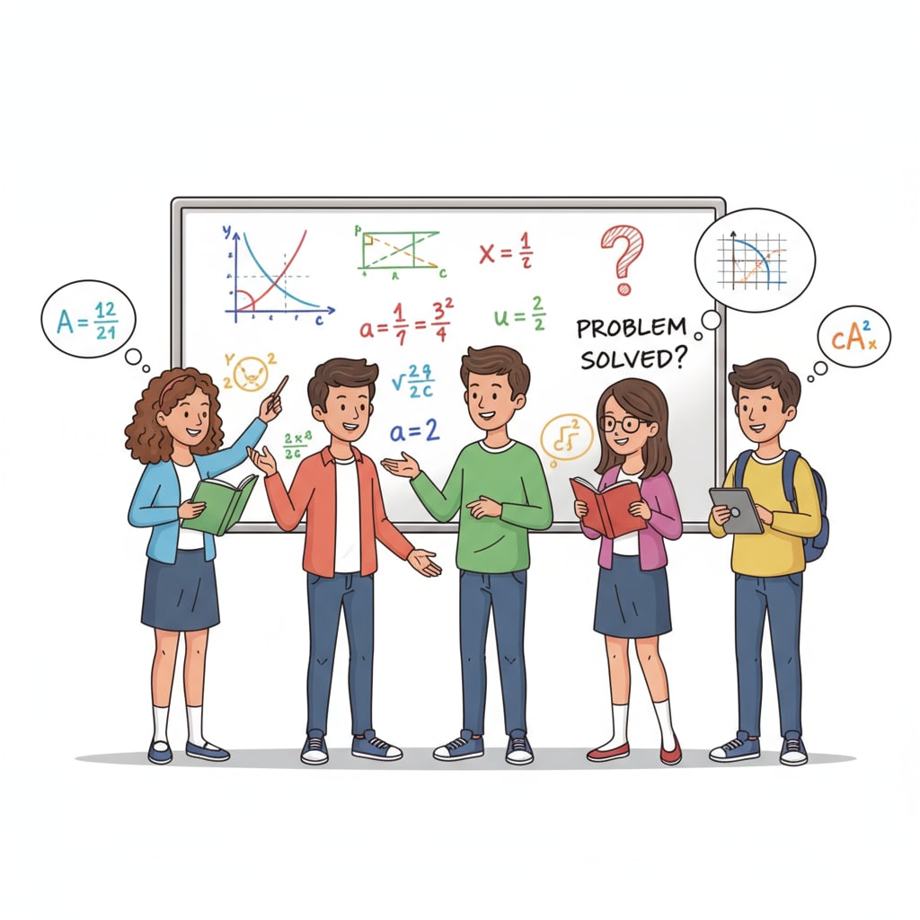 A group of students are engaged in a lively discussion about math problems in a classroom with European-style architecture, which reflects the academic atmosphere of European universities related to math learning. Students discussing math problems in a European university classroom related to university major selection, study abroad planning, and math and programming